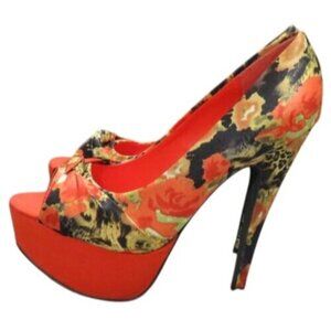 Qupid Penelope Orange Multi Suede Leather Peep Toe Platform Heels Stilettos